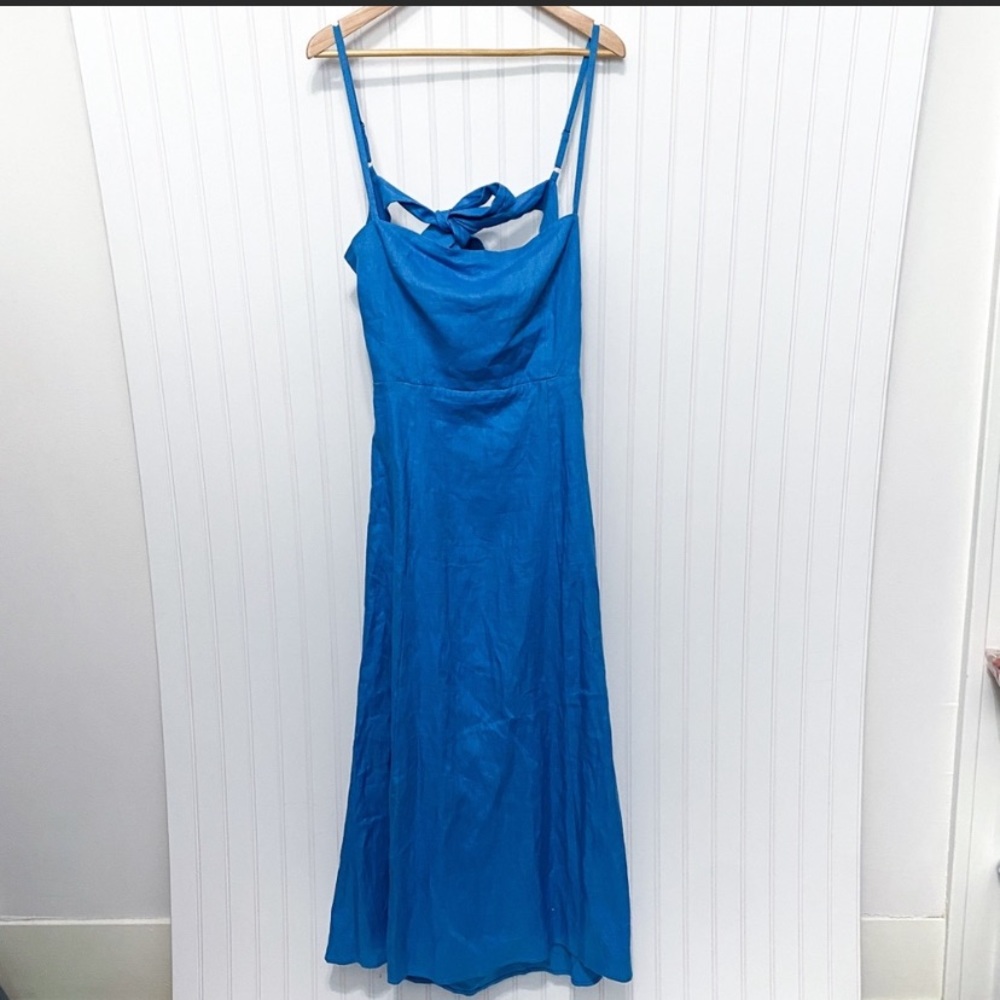 Reformation Starfruit Linen Parisian Blue Open Back Bow Tie Dress Size 12